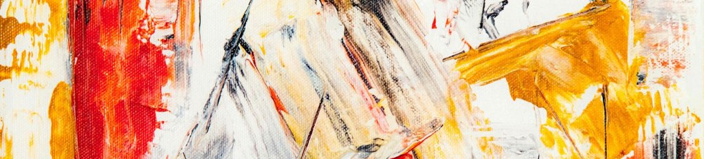 An abstract painting featuring bold brushstrokes in red, yellow, and black, with a mix of textured layers and dynamic lines.