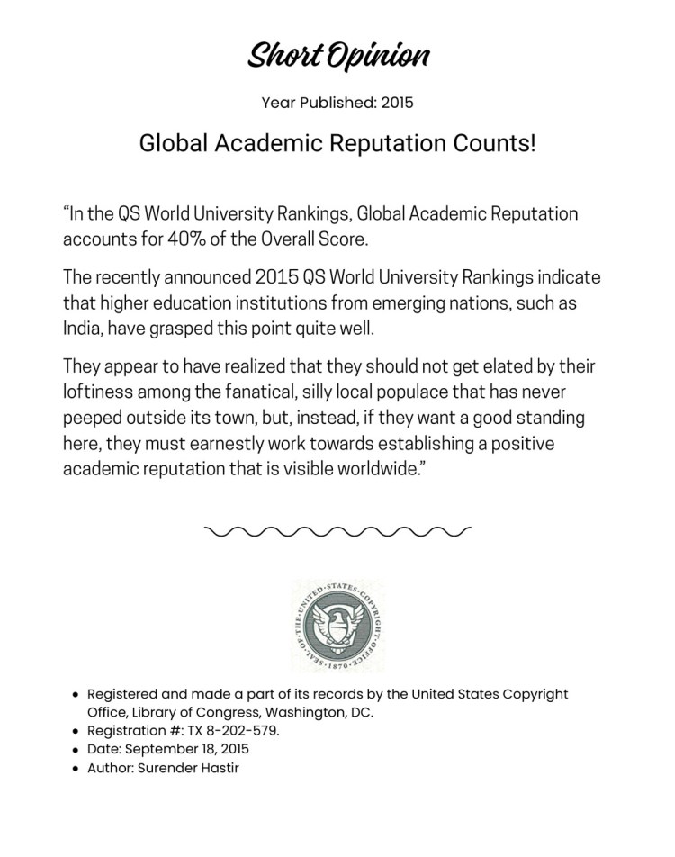A document titled 'Short Opinion' discussing the importance of global academic reputation in university rankings, authored by Surender Hastir and published in 2015.