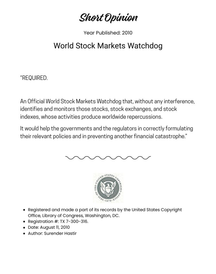 A document titled 'World Stock Markets Watchdog' with a short opinion and details about its copyright registration.