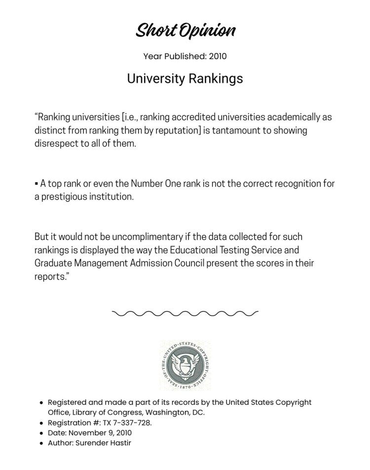 A document titled 'Short Opinion' discussing university rankings, with a registration note from the U.S. Copyright Office, featuring formatted text and a decorative border.