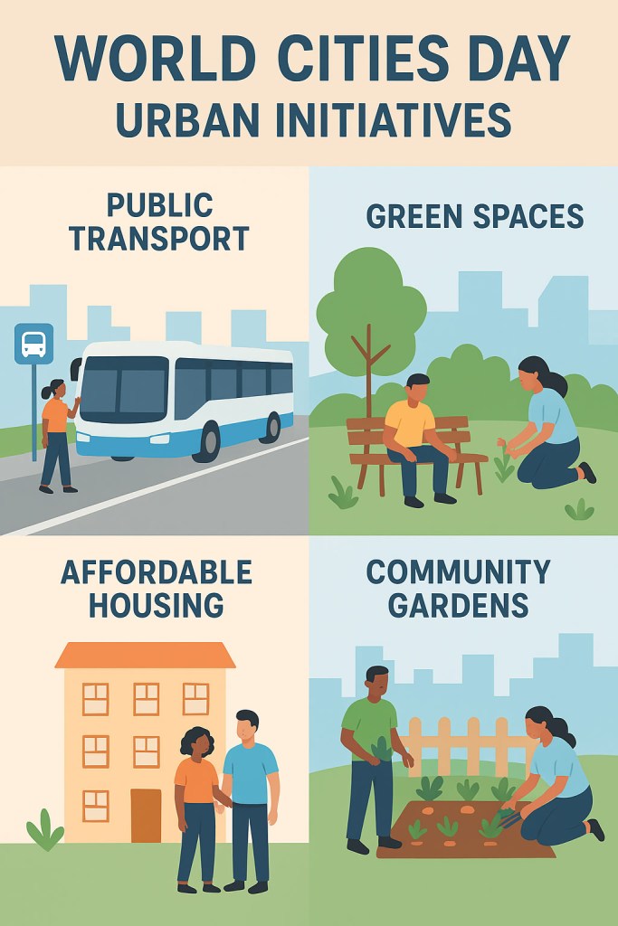 An infographic illustrating urban initiatives for World Cities Day, featuring sections on public transport, green spaces, affordable housing, and community gardens, with relevant icons and illustrations.