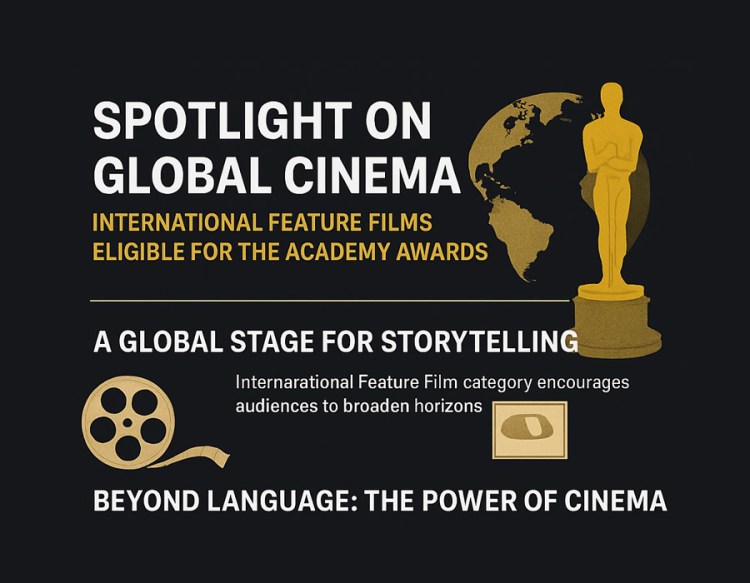 Infographic highlighting the importance of global cinema and the International Feature Film category for the Academy Awards, featuring an Oscar statue, a globe, and film reel graphics.