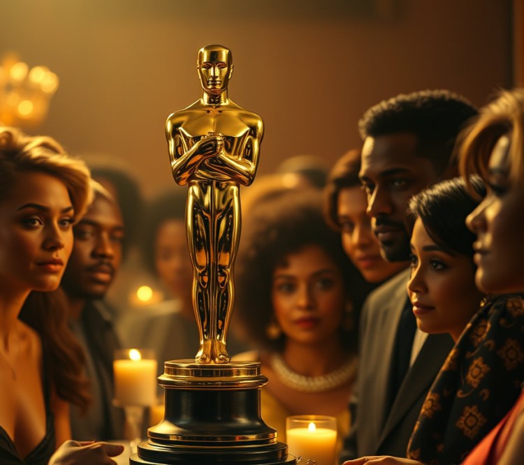 A group of diverse individuals gazing at a gold Oscar statuette placed on a pedestal, surrounded by soft candlelight, creating a warm and celebratory atmosphere.