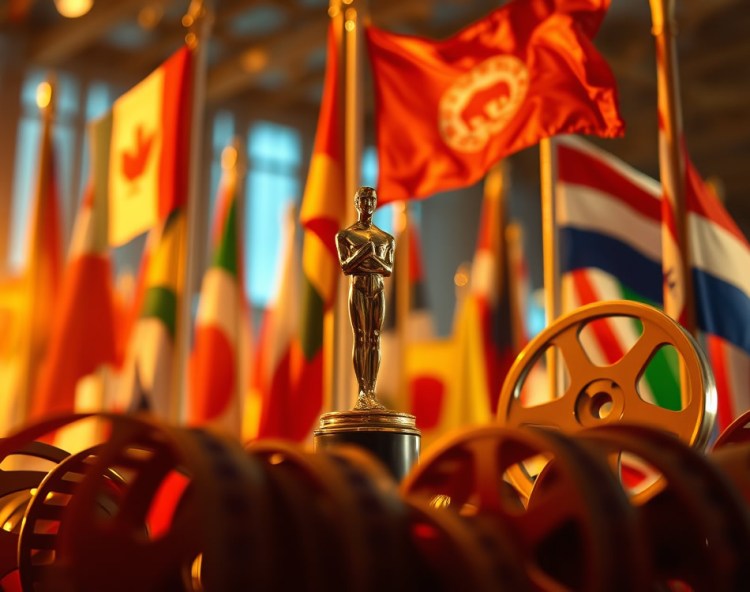 An Oscar statuette in front of various international flags, symbolizing global cinema.