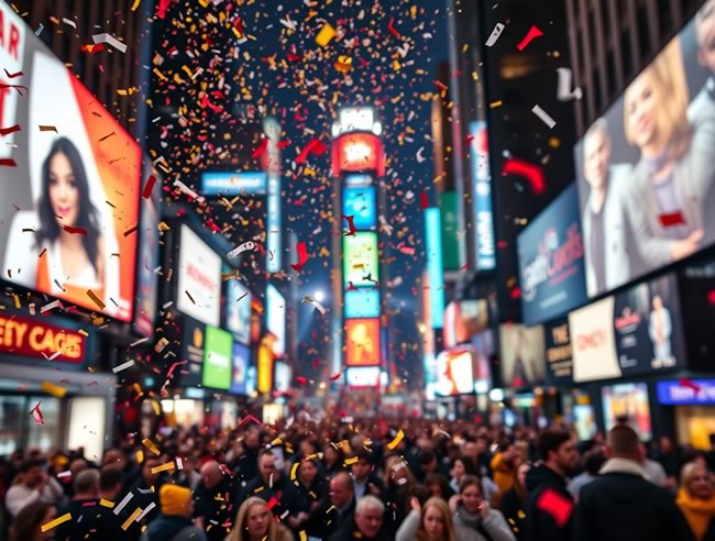 A bustling Times Square filled with a large crowd celebrating New Year's Eve, with confetti falling amidst brightly lit billboards and advertisements.