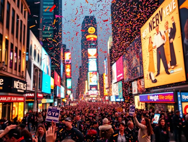 A crowded Times Square during New Year's Eve, filled with confetti falling from the sky as people celebrate the arrival of the new year.