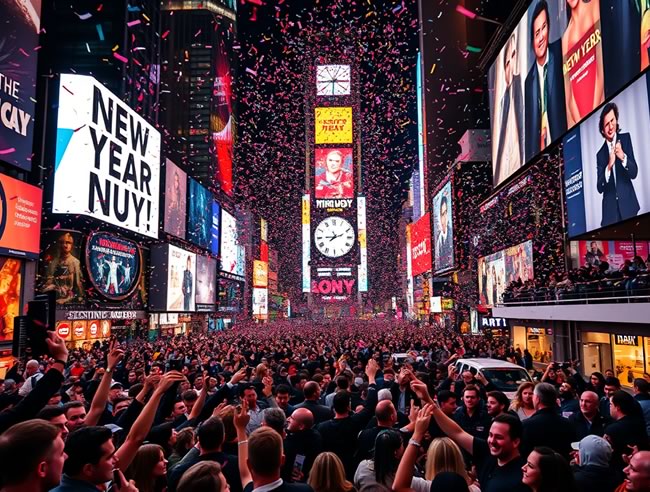 A vibrant and crowded scene in Times Square during New Year's Eve, featuring a large crowd celebrating with confetti falling amidst bright LED displays and billboards.