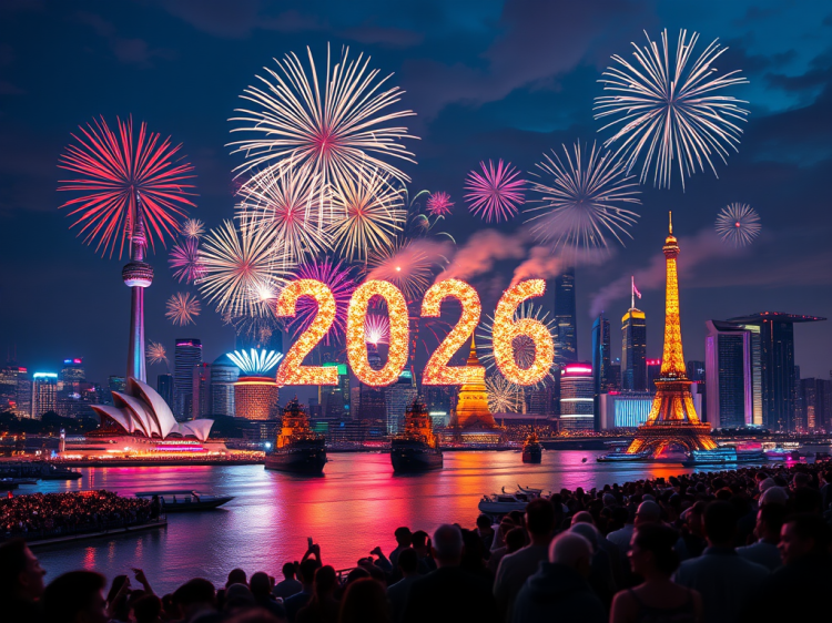 A vibrant city skyline illuminated by fireworks with the year '2026' prominently displayed in the foreground, capturing a global New Year celebration.