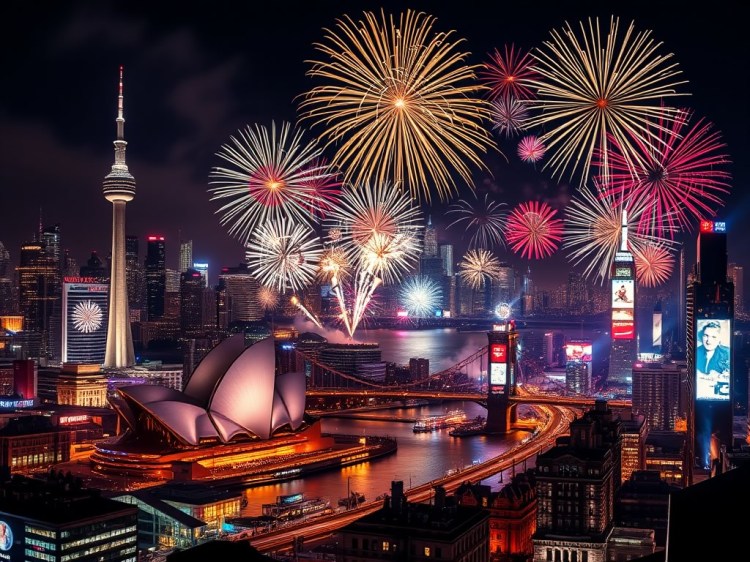 A vibrant fireworks display lights up the night sky over a city skyline featuring modern architecture, including an iconic opera house and a tall tower.