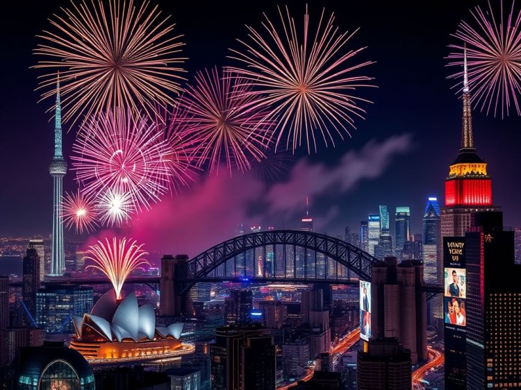 A vibrant display of fireworks over iconic city landmarks, symbolizing a global celebration for the New Year.