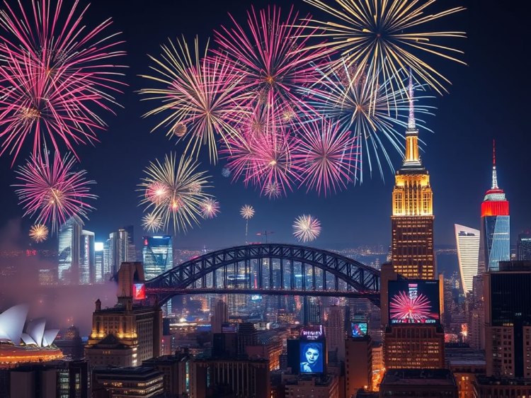 A vibrant night skyline featuring colorful fireworks above iconic buildings, including the Sydney Harbour Bridge, Empire State Building, and Sydney Opera House.