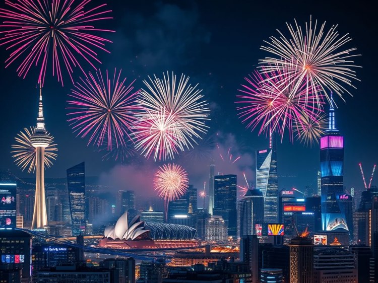 A vibrant fireworks display over a city skyline featuring iconic buildings, celebrating the arrival of the New Year.