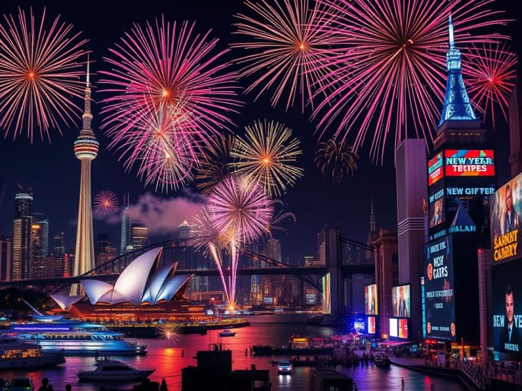 A vibrant night skyline featuring fireworks above an iconic city landscape with the Sydney Opera House and skyscrapers illuminated, celebrating the New Year.