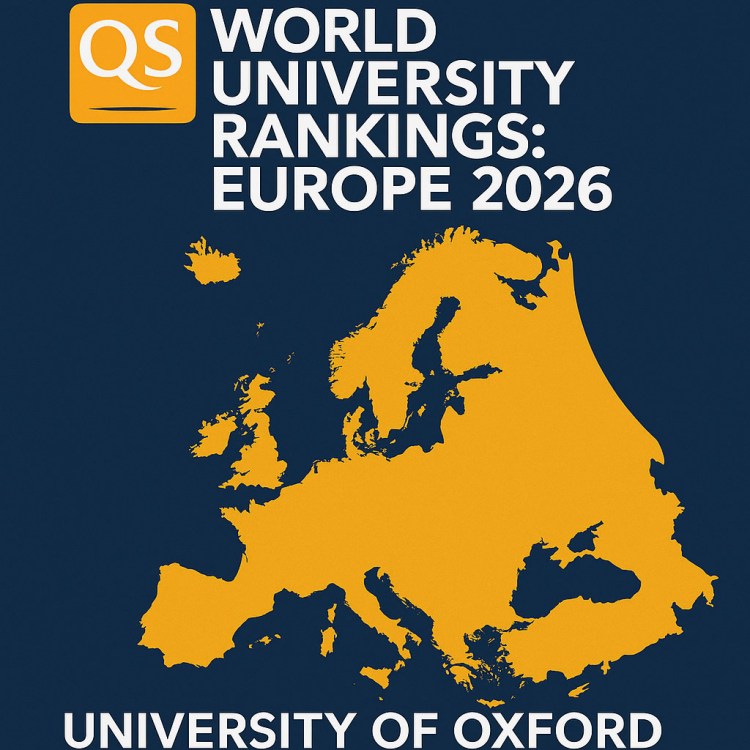 Map of Europe featuring the title 'World University Rankings: Europe 2026' and 'University of Oxford' in bold lettering.