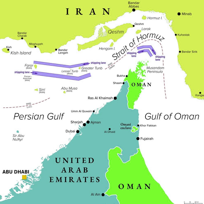 Map showing the Strait of Hormuz, surrounding regions including Iran, Oman, and the United Arab Emirates, with shipping lanes and notable geographic features.