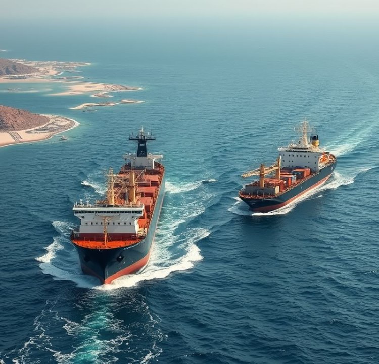 Aerial view of two large cargo ships navigating through blue waters near a coastline.