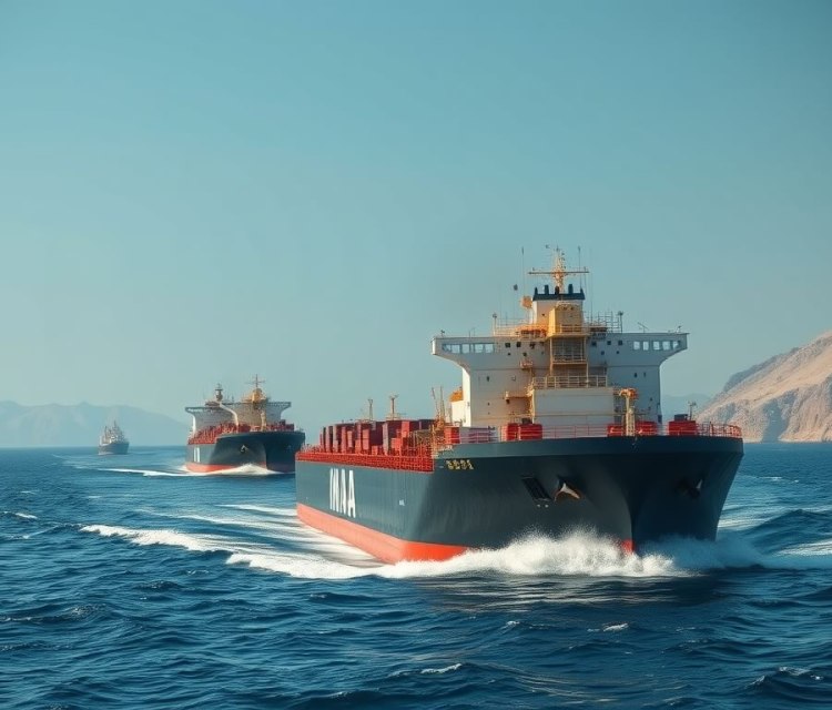 Three large cargo ships navigating through calm waters, with mountains in the background under a clear blue sky.