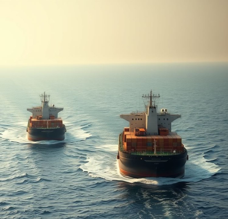 Two cargo ships navigating the ocean at sunrise, with waves and a clear sky.