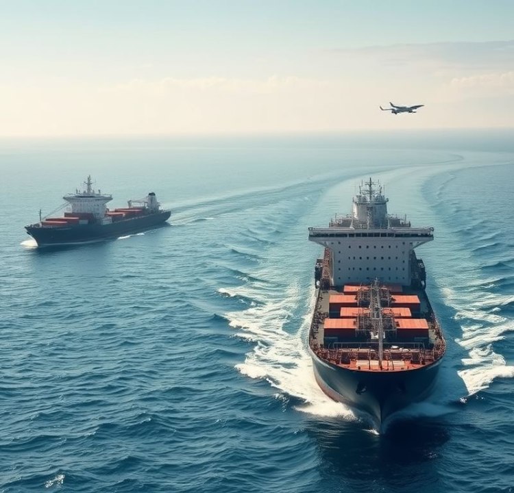 Two cargo ships navigating through the ocean with containers on board, one ship in the foreground and another in the background, while an airplane flies above them.