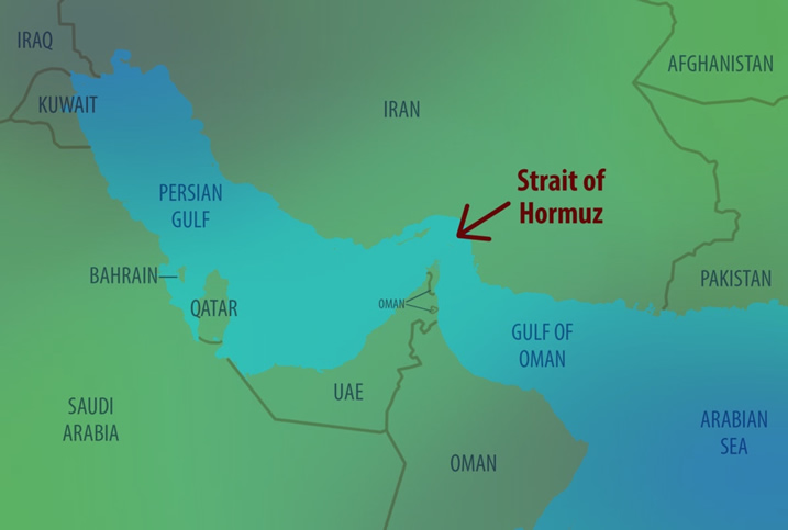 Map highlighting the Strait of Hormuz in the Persian Gulf, with surrounding countries labeled, including Iran, Oman, and the UAE.