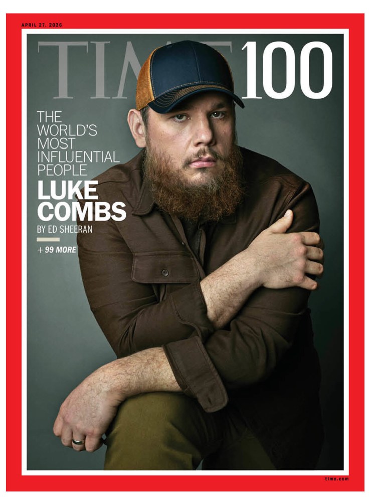 TIME magazine cover featuring Luke Combs, highlighting him as one of the world's most influential people, with a portrait style photo of him wearing a cap and a brown shirt.