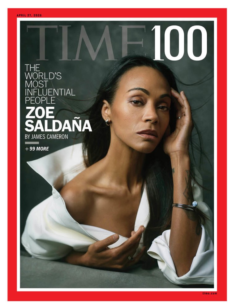 Cover of Time magazine featuring Zoe Saldana, who is recognized as one of the world's most influential people. She is posed with a serious expression, wearing a white shirt and accessorized with bracelets, against a dark background.
