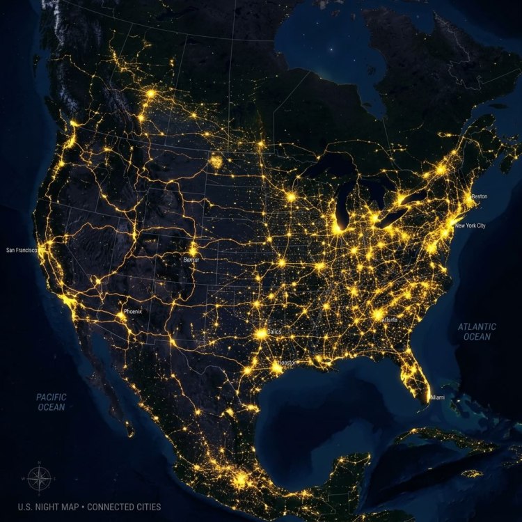 Map of the United States illuminated at night, showcasing major cities and highways connected with bright lights.
