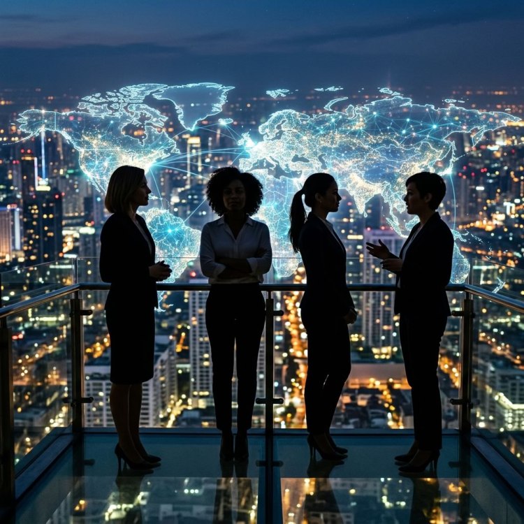 Silhouettes of four professional women standing on a balcony at night, facing a glowing digital world map over a cityscape illuminated by lights.