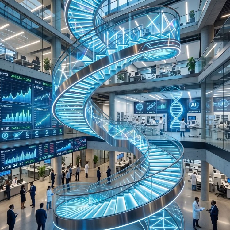 A futuristic spiral staircase with glowing blue lights, located in a modern office space filled with digital displays showcasing finance and technology data.