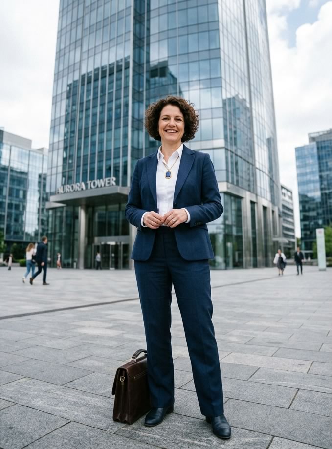 A smiling woman in a business suit stands confidently in front of the Aurora Tower, holding a briefcase.