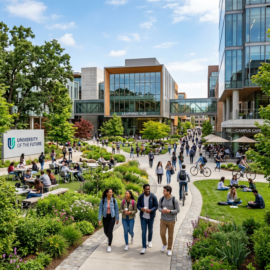 University campus with students walking, biking, and sitting outdoors near modern buildings and green landscaping