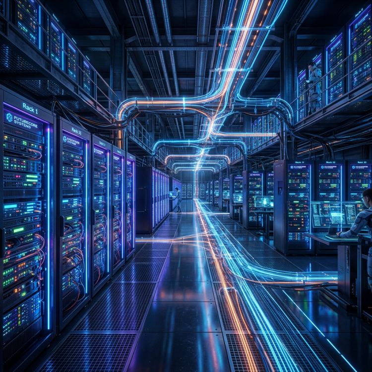 Data center with rows of server racks and glowing digital data streams