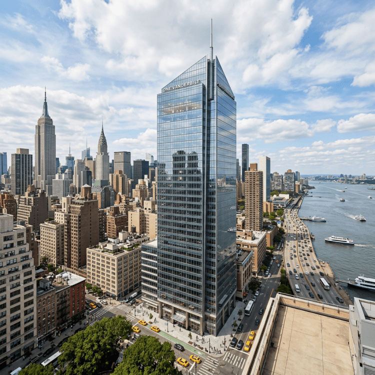 Tall glass One Vanderbilt skyscraper in Midtown Manhattan near East River with Empire State and Chrysler buildings in background