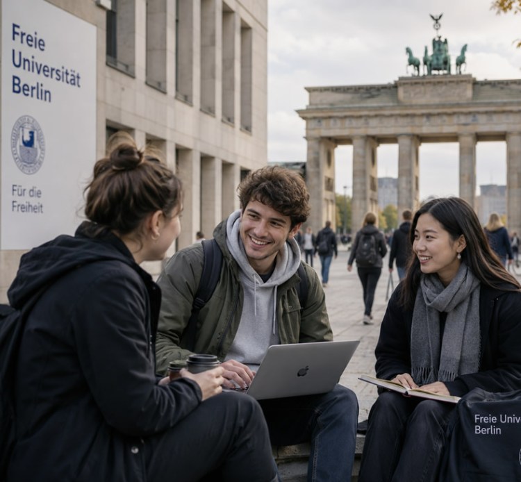 Three students engage in conversation in front of the Brandenburg Gate in Berlin, with one using a laptop and another holding a notebook.