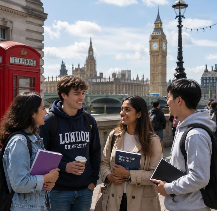 A group of four university students engaging in conversation near the River Thames in London, with the iconic Big Ben clock tower and Houses of Parliament in the background. One student holds a coffee cup, while another displays a book titled 'International Business.' A red telephone booth is visible nearby.