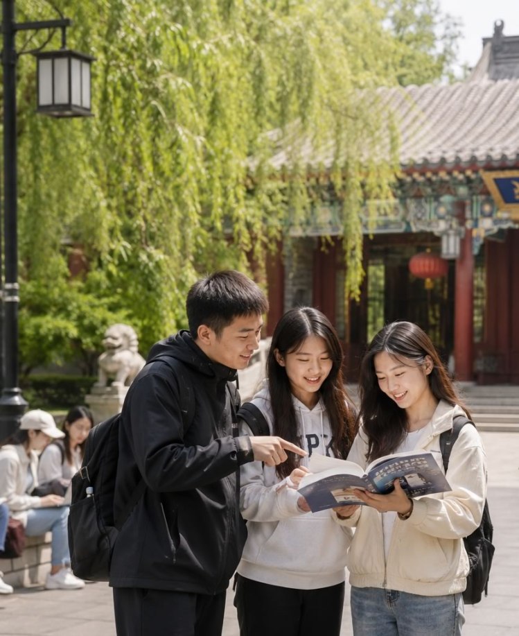 Three young people are standing outdoors, reading a book together in a park setting with greenery and traditional architecture in the background.