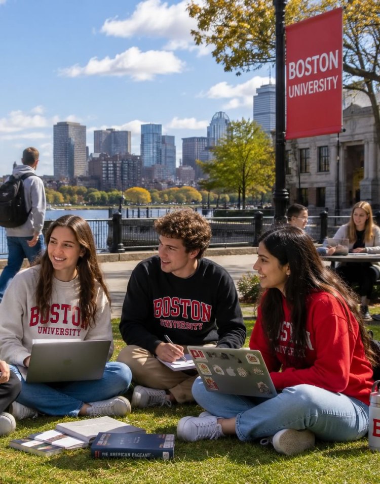 Students studying on the lawn at Boston University, with the city skyline in the background and a banner displaying 'Boston University'.