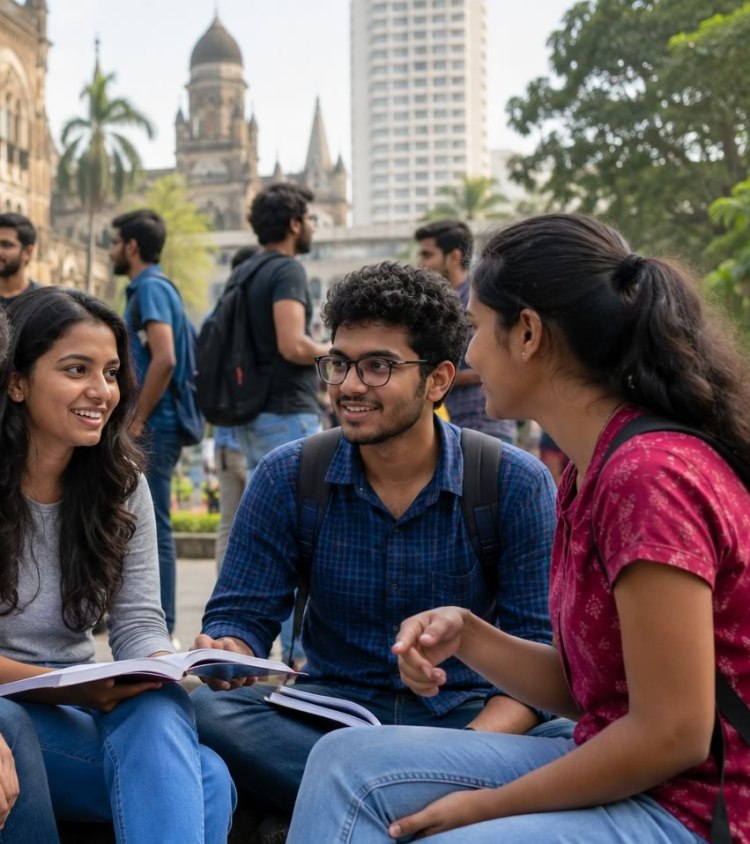 A group of three young adults engaged in a lively discussion while studying outdoors, with historical buildings and greenery in the background.