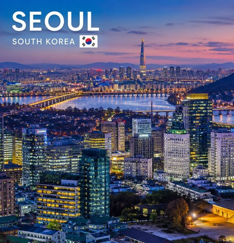 A panoramic view of Seoul, South Korea showcasing the skyline with various modern buildings, illuminated at dusk, and the Han River flowing through the city.
