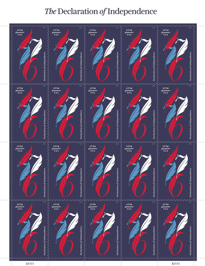 A sheet of stamps featuring a design inspired by The Declaration of Independence, showcasing stylized red, white, and blue elements on a dark blue background.