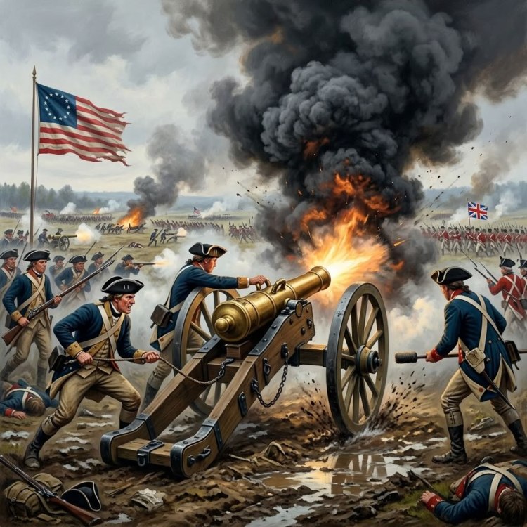 A historical battle scene depicting soldiers operating a cannon amid smoke and chaos, with an American flag in the background and British troops advancing.