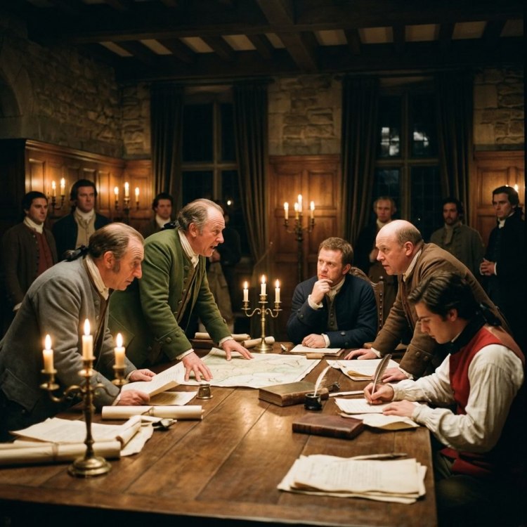 Historical scene depicting a group of men engaged in a serious discussion around a large table, with maps and documents. The setting features candlelight, wooden beams, and a rustic atmosphere.