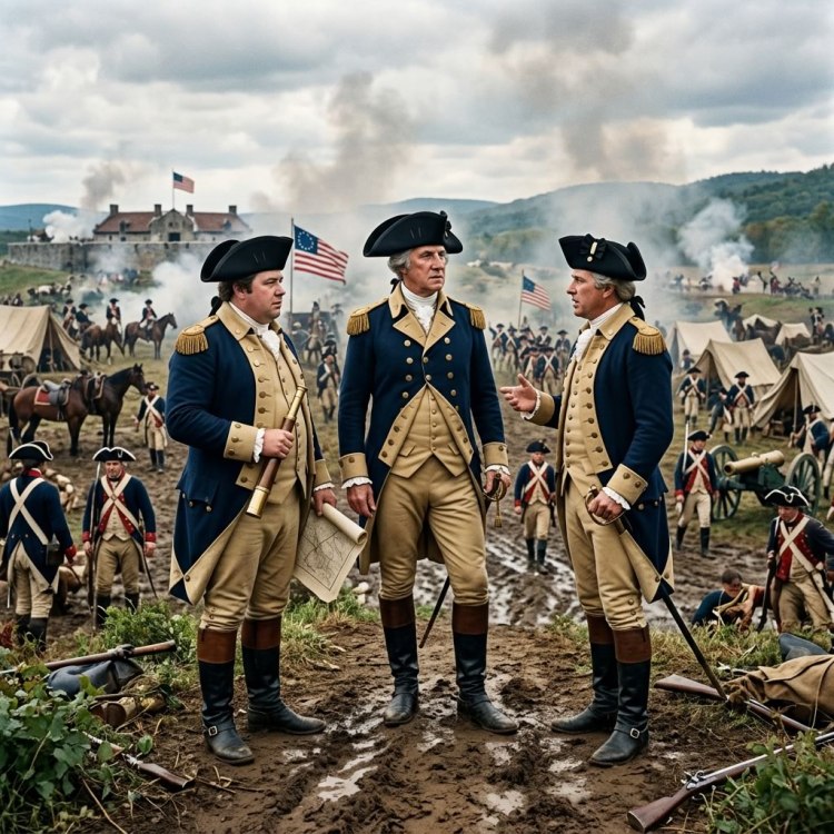 Three men in 18th-century military uniforms engage in conversation, with a battlefield scene in the background featuring tents, soldiers, and smoke.