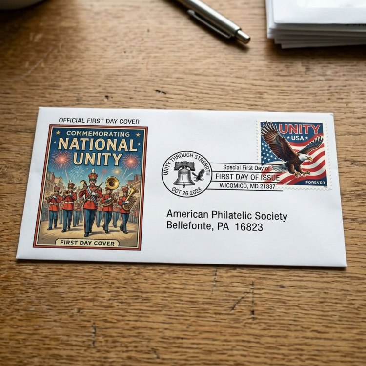 Official first day cover for 'Commemorating National Unity' with a colorful illustration of a marching band, featuring a 'Unity' stamp and postmark dated October 26, 2023.