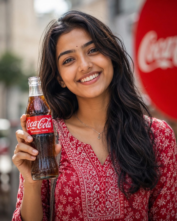 A smiling woman holding a bottle of Coca-Cola, wearing a red patterned top, with a blurred background.