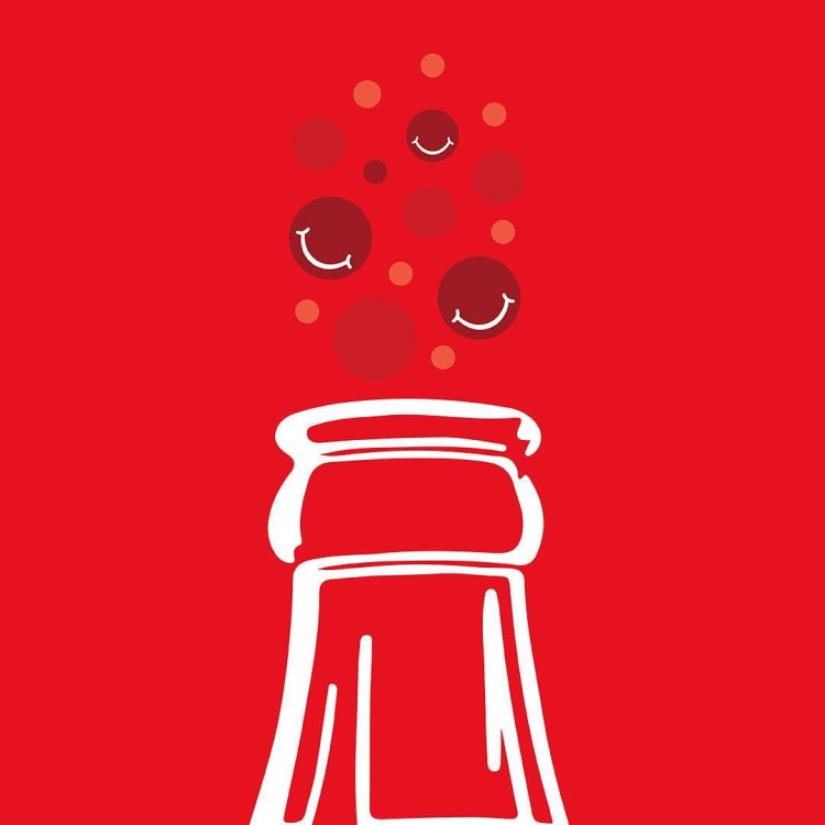 Illustration of a bottle cap with bubbles rising against a red background.