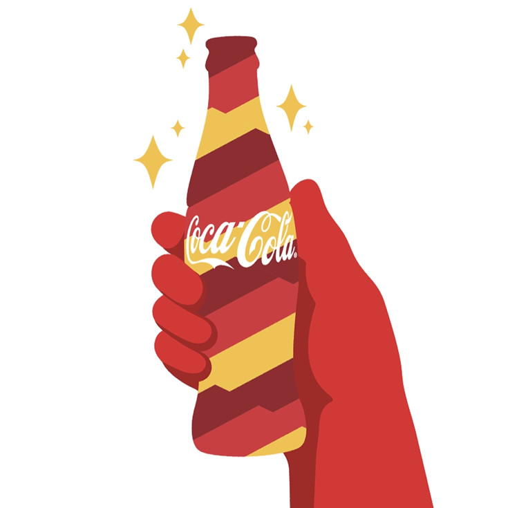 A hand holding a stylized Coca-Cola bottle with a red and yellow striped design, surrounded by sparkling stars.