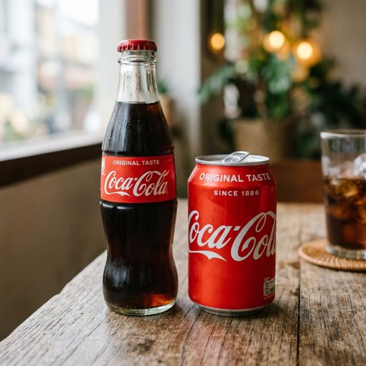 A glass bottle and a can of Coca-Cola placed on a wooden table, with a glass of iced Coca-Cola in the background.