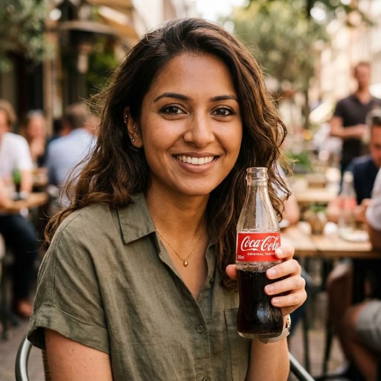A smiling woman seated outdoors at a café holds a Coca-Cola bottle, wearing a casual green shirt.