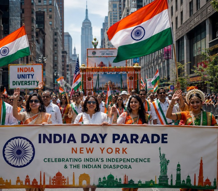 Participants celebrating the India Day Parade in New York, holding flags and a banner that reads 'India Day Parade New York' while showcasing India's independence and diversity.